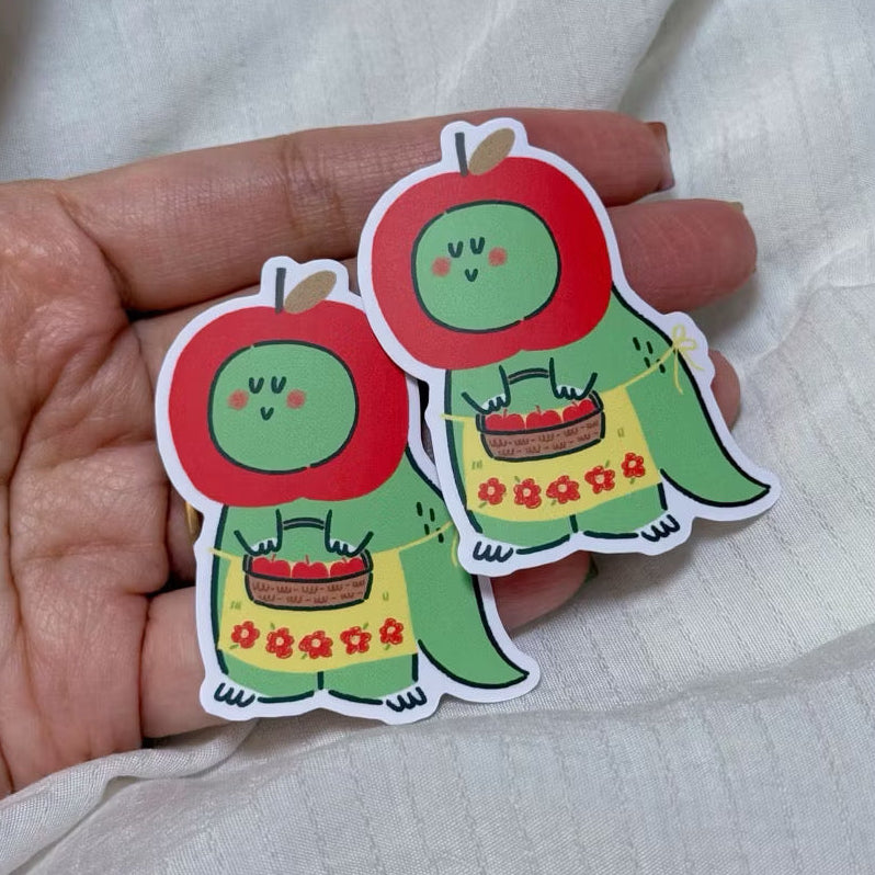 Jurawrsic Apple Dinosaur PVC Waterproof Die-Cut Sticker 4.7×5.6 cm | Cute Apple Basket Costume Illustration