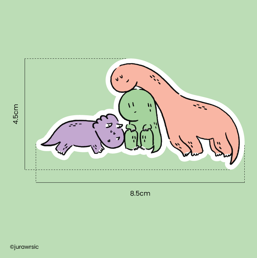 Jurawrsic Friendship Dinosaur PVC Waterproof Die-Cut Sticker 8.5×4.5 cm | cuddling with friends