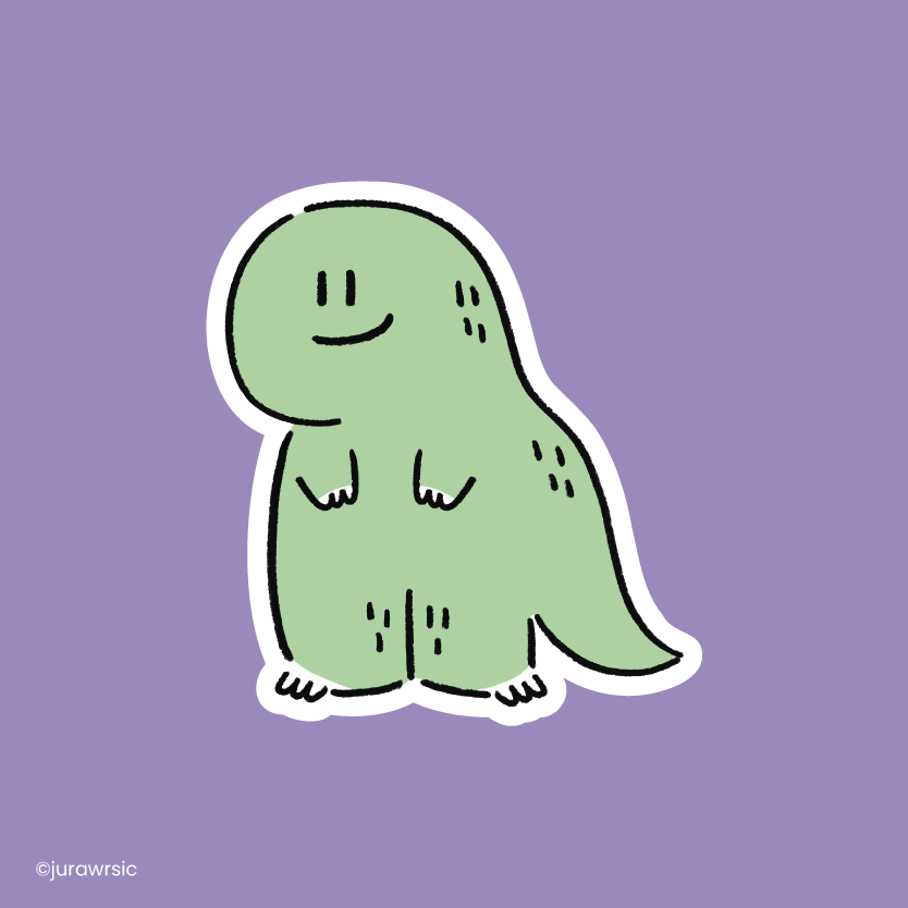 Jurawrsic Green Smiling Dinosaur Die-Cut Sticker | Cute Friendly Illustration | Waterproof PVC 4.5×5cm