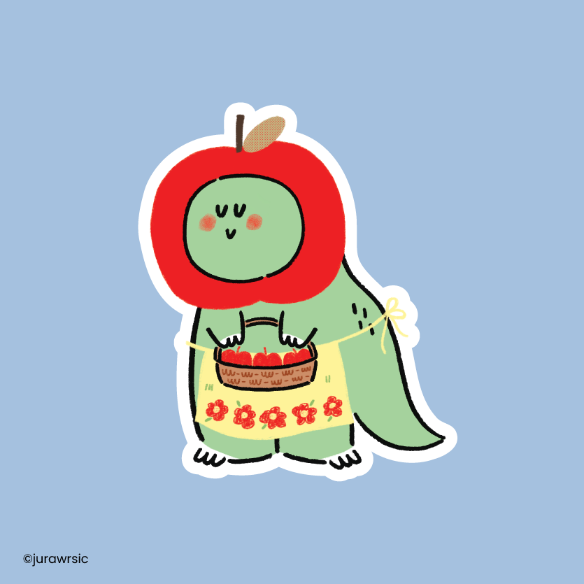 Jurawrsic Apple Dinosaur PVC Waterproof Die-Cut Sticker 4.7×5.6 cm | Cute Apple Basket Costume Illustration