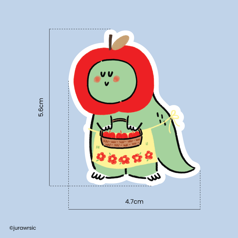 Jurawrsic Apple Dinosaur PVC Waterproof Die-Cut Sticker 4.7×5.6 cm | Cute Apple Basket Costume Illustration