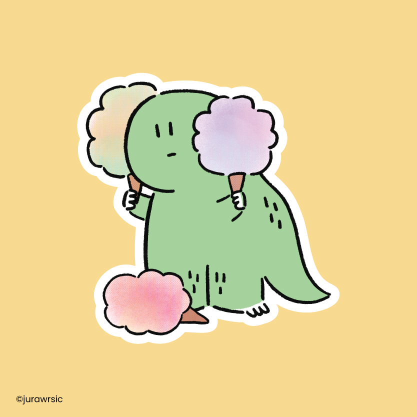 Jurawrsic Dinosaur Cotton Candy Die-Cut Sticker | Amusement Park Travel Illustration | Waterproof PVC 5.3×5.5cm