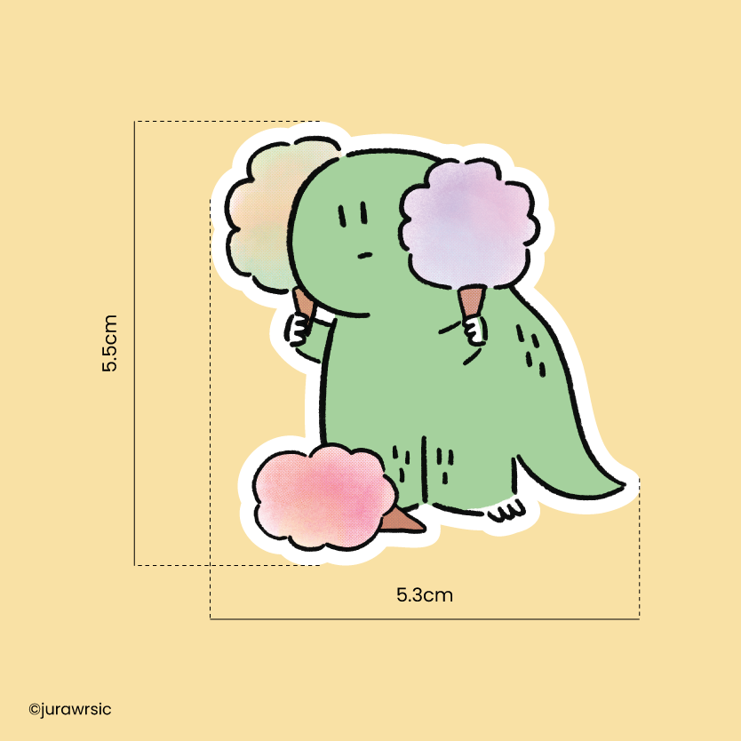 Jurawrsic Dinosaur Cotton Candy Die-Cut Sticker | Amusement Park Travel Illustration | Waterproof PVC 5.3×5.5cm