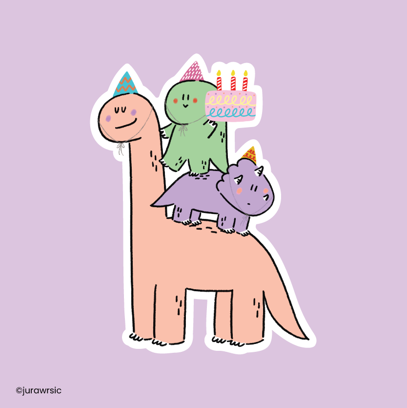 Jurawrsic Birthday Dinosaur PVC Waterproof Die-Cut Sticker 5.5×7.3 cm | Cake Celebration Illustration | Gift for Friends
