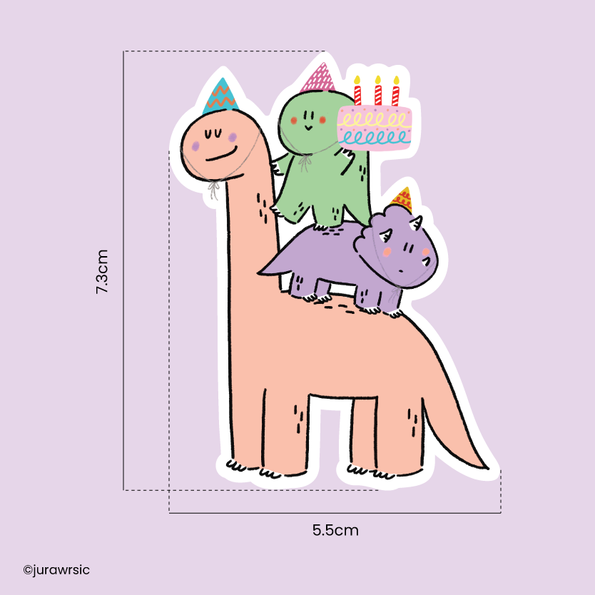 Jurawrsic Birthday Dinosaur PVC Waterproof Die-Cut Sticker 5.5×7.3 cm | Cake Celebration Illustration | Gift for Friends