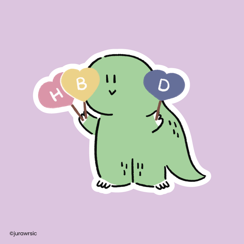 Jurawrsic Birthday Dinosaur Die-Cut Sticker Waterproof PVC 6.1×5cm | HBD Sign Illustration
