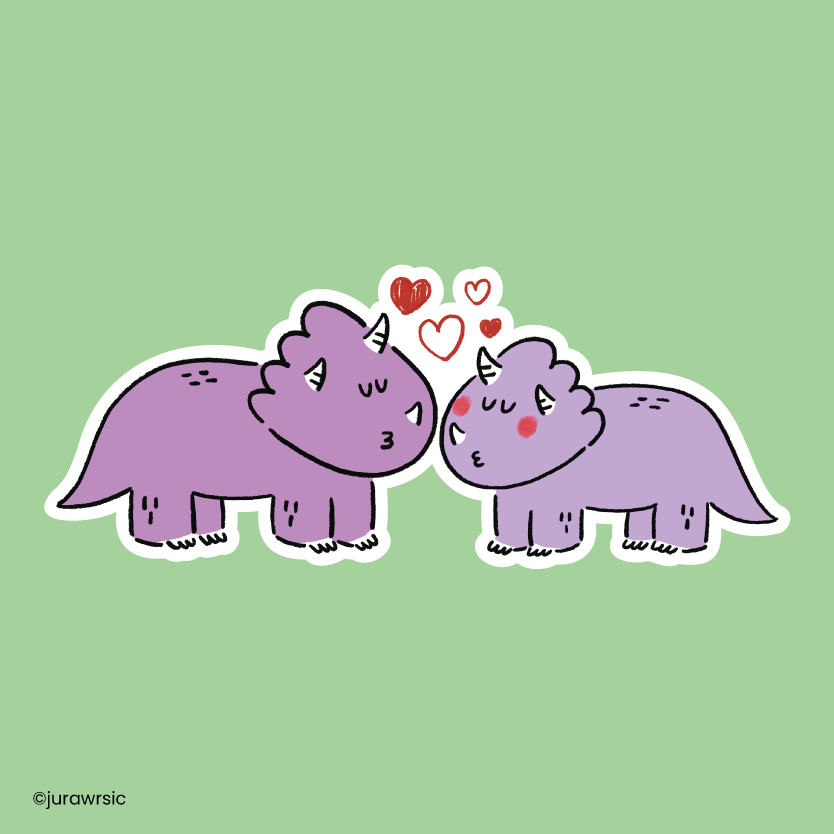 Jurawrsic Triceratops Valentine Die-Cut Sticker | Kissing Dinosaur Love Illustration | Waterproof PVC 4.5×5cm