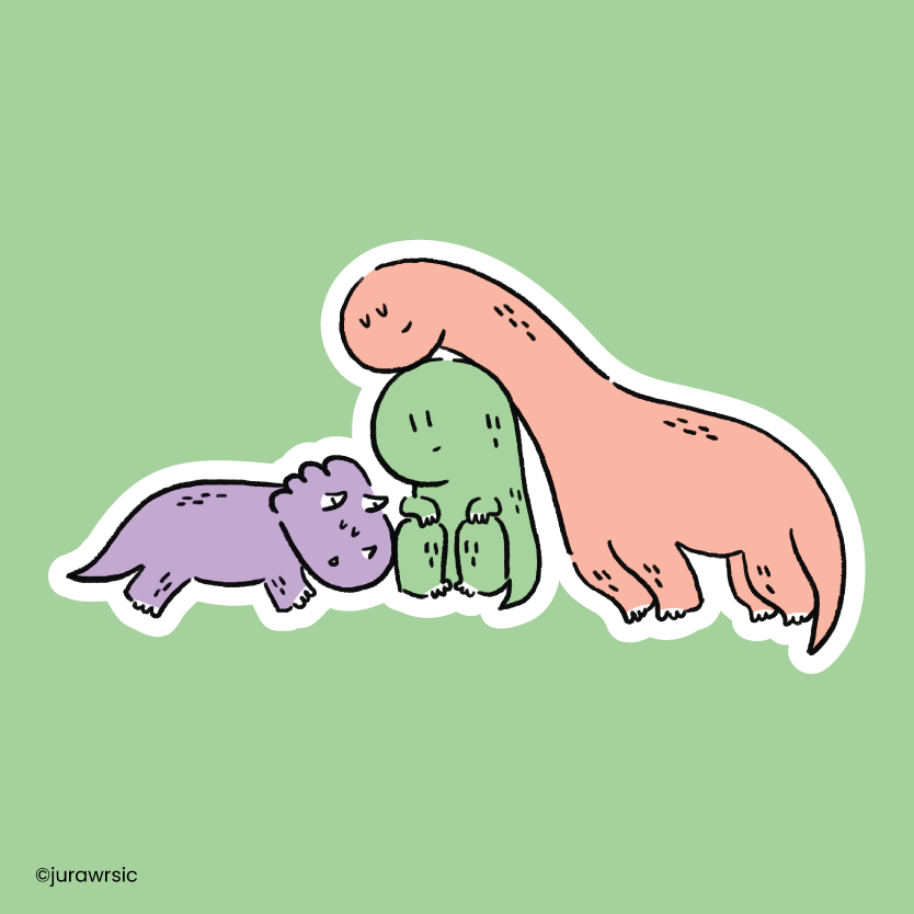 Jurawrsic Friendship Dinosaur PVC Waterproof Die-Cut Sticker 8.5×4.5 cm | cuddling with friends
