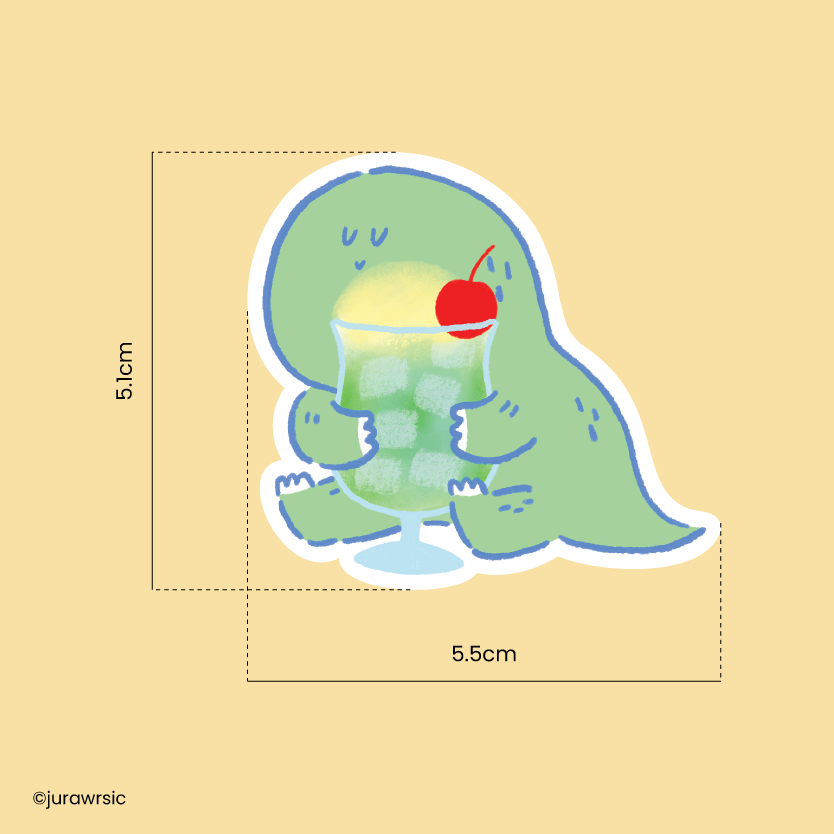Jurawrsic Dinosaur PVC Waterproof Die-Cut Sticker 5.5×5.1 cm | Melon Soda Drink Illustration | Cup & iPad Decor