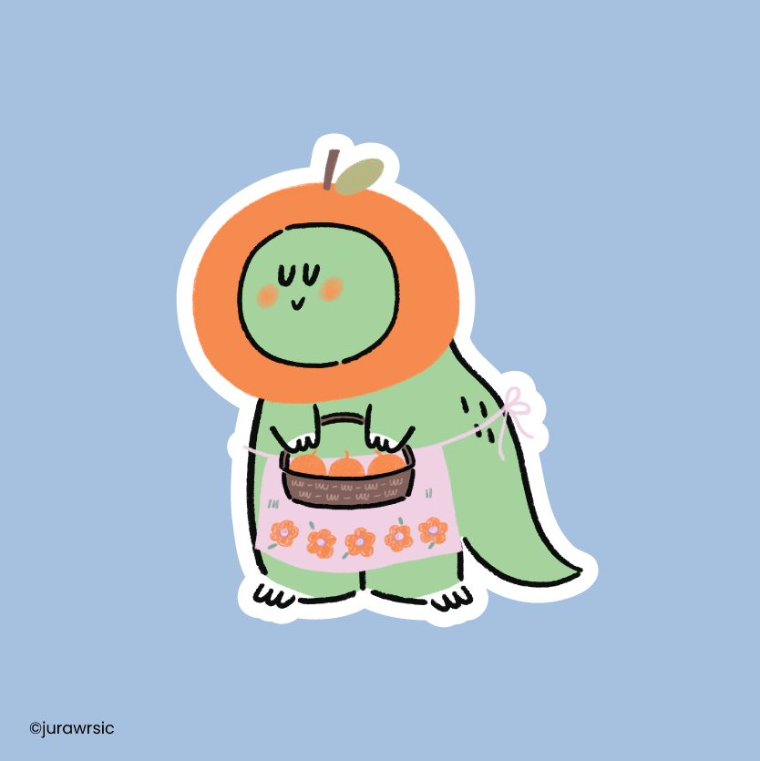 Jurawrsic Orange Dinosaur PVC Waterproof Die-Cut Sticker 4.6×5.4 cm | Cute Orange Basket Costume Illustration