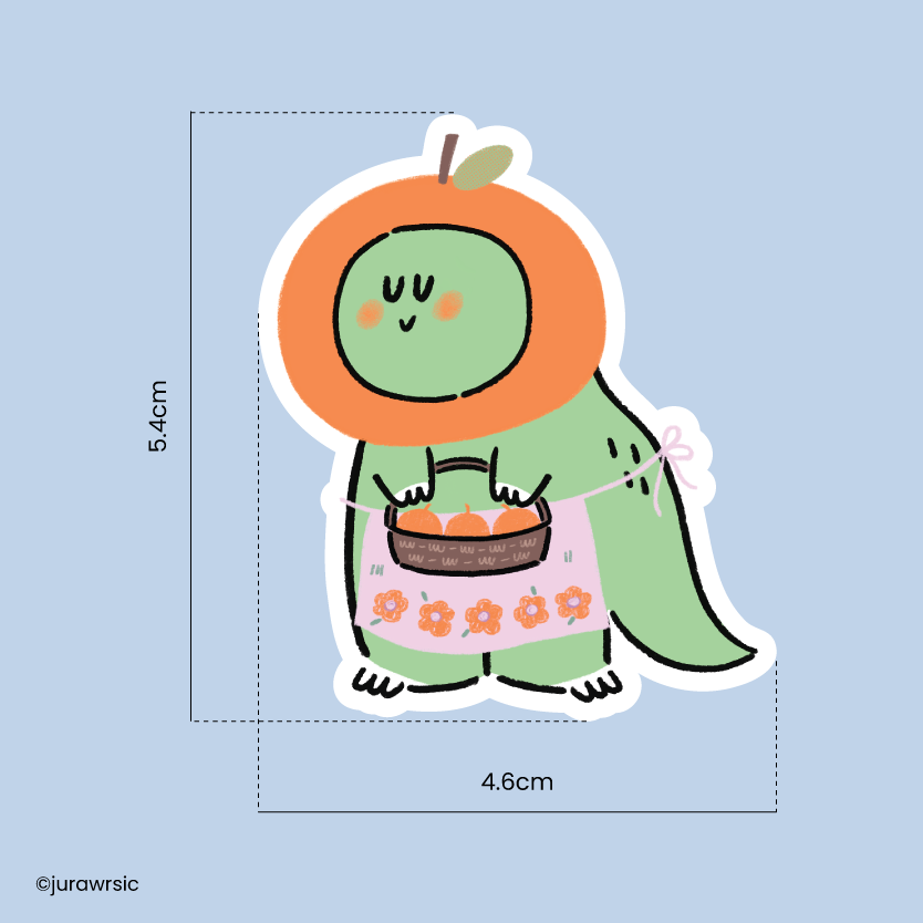 Jurawrsic Orange Dinosaur PVC Waterproof Die-Cut Sticker 4.6×5.4 cm | Cute Orange Basket Costume Illustration
