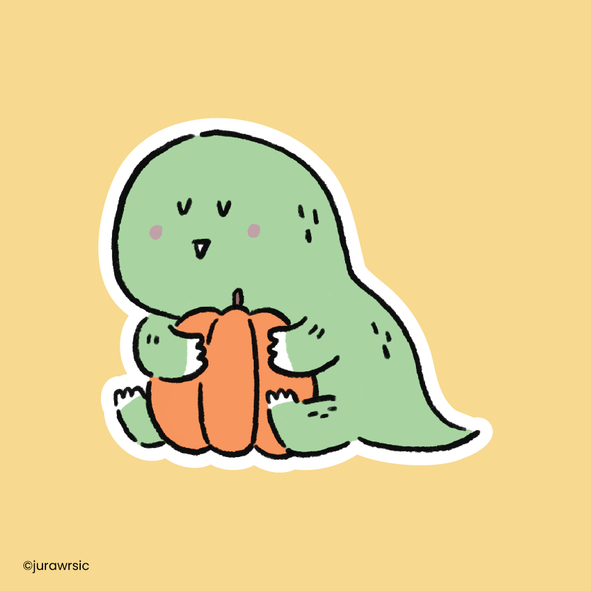 Jurawrsic Halloween Dinosaur Die-Cut Sticker | Cute Pumpkin Hug Illustration | Waterproof PVC 5.5×5cm