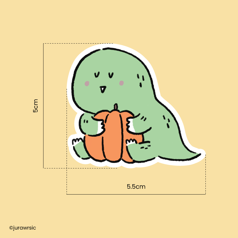 Jurawrsic Halloween Dinosaur Die-Cut Sticker | Cute Pumpkin Hug Illustration | Waterproof PVC 5.5×5cm