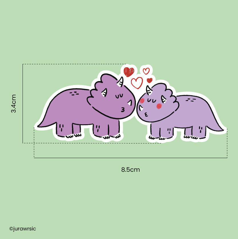 Jurawrsic Triceratops Valentine Die-Cut Sticker | Kissing Dinosaur Love Illustration | Waterproof PVC 4.5×5cm