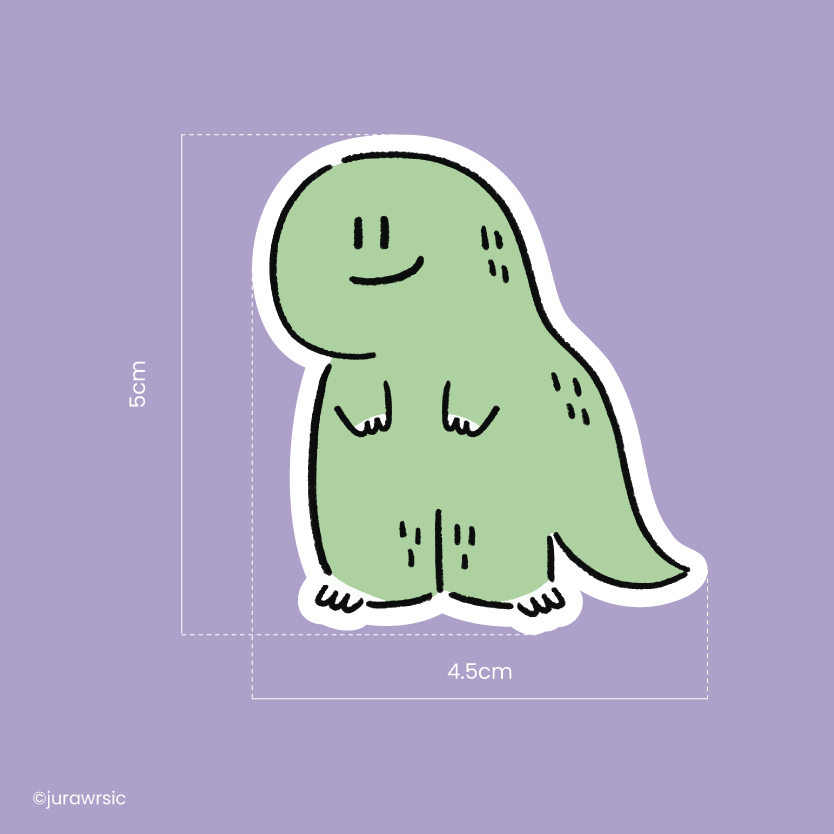 Jurawrsic Green Smiling Dinosaur Die-Cut Sticker | Cute Friendly Illustration | Waterproof PVC 4.5×5cm
