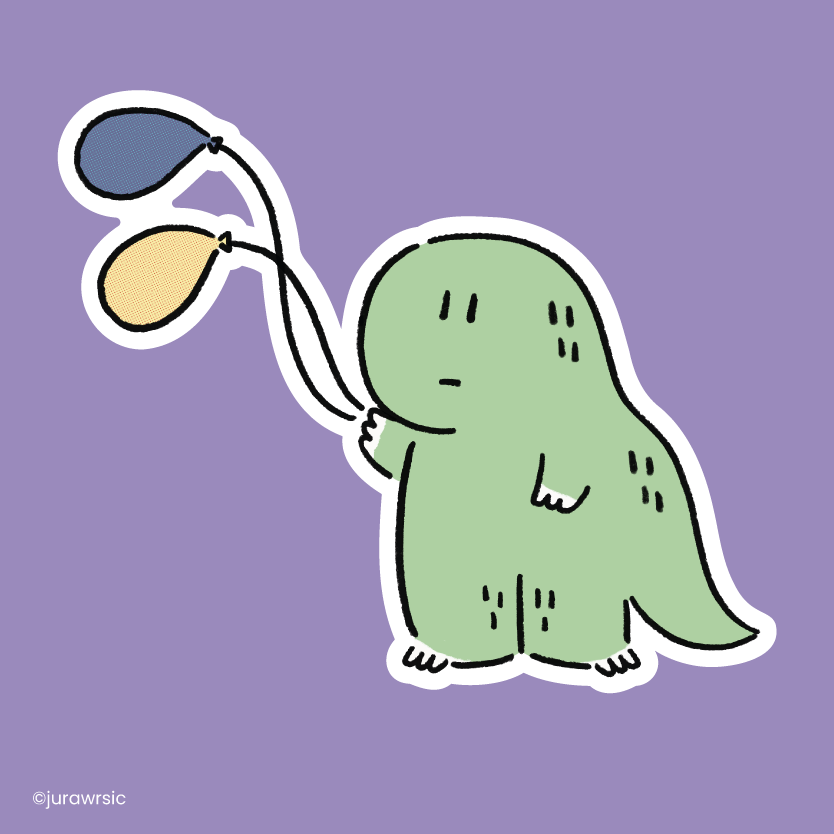 Jurawrsic Sad Dinosaur Die-Cut Sticker | Emotional Balloon Illustration | Waterproof PVC 7.3×6.1cm