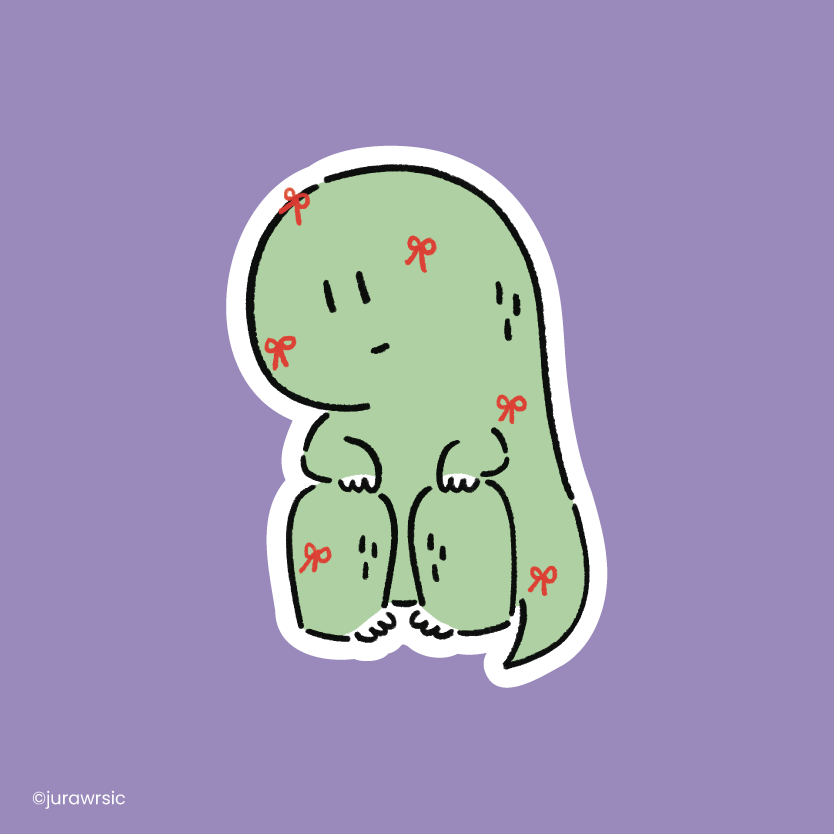 Jurawrsic Sitting Dinosaur Die-Cut Sticker | Cute Bow Decoration Illustration | Waterproof PVC 3.6×5.2cm