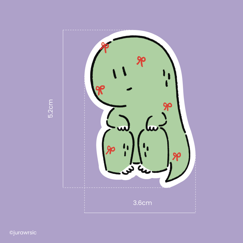 Jurawrsic Sitting Dinosaur Die-Cut Sticker | Cute Bow Decoration Illustration | Waterproof PVC 3.6×5.2cm