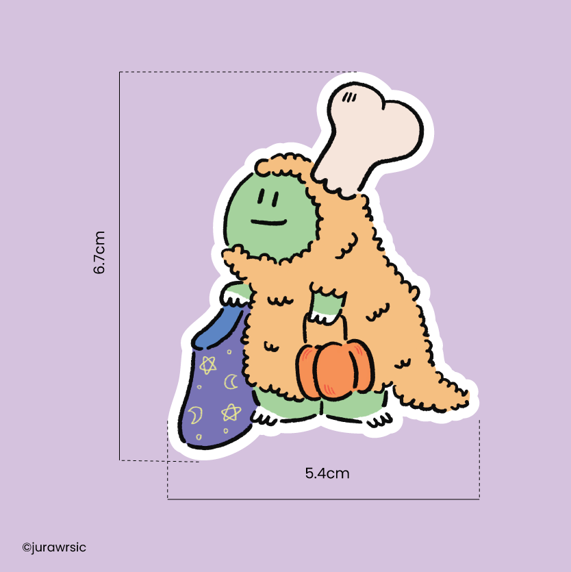 Jurawrsic Halloween Trick or Treat Dinosaur Die-Cut Sticker | Fried Chicken Costume Illustration | Waterproof PVC 5.4×6.7cm