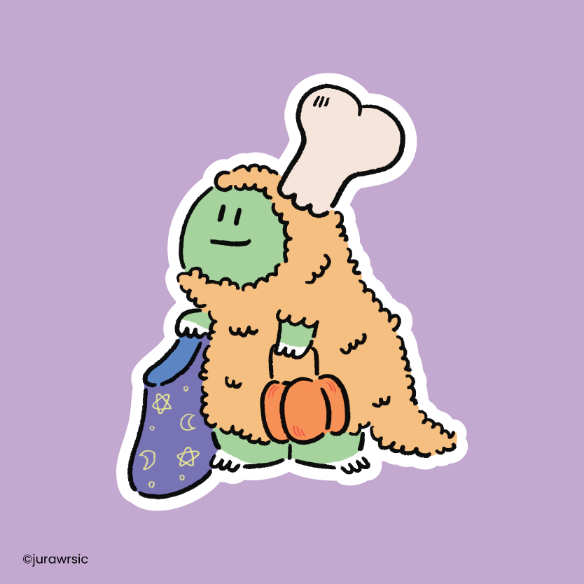 Jurawrsic Halloween Trick or Treat Dinosaur Die-Cut Sticker | Fried Chicken Costume Illustration | Waterproof PVC 5.4×6.7cm