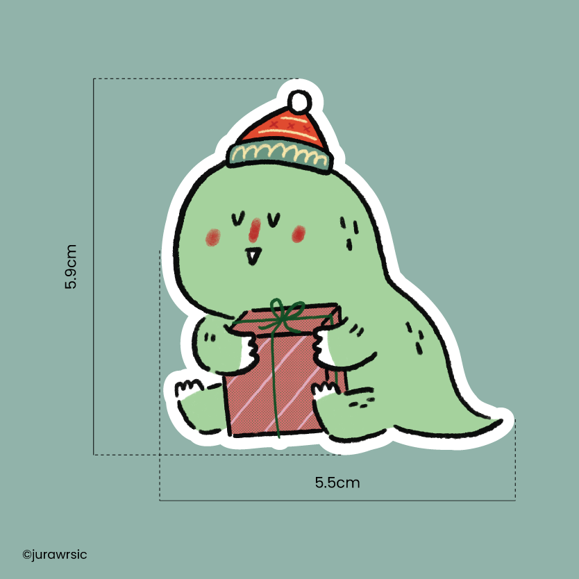 Jurawrsic Christmas Dinosaur Die-Cut Sticker | Merry Christmas Gift Illustration | Waterproof PVC Glitter 5.5×5.9cm
