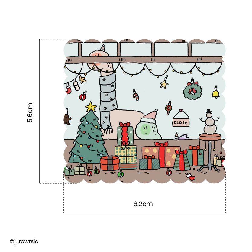 Jurawrsic Christmas Dinosaur PVC Waterproof Glitter Die-Cut Sticker 6.2×5.6 cm | Winter Holiday Gift