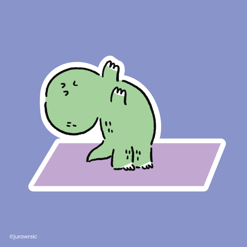 Jurawrsic Yoga Dinosaur Die-Cut Sticker | Mindful Healing Pose on Purple Mat | Waterproof PVC 4.7×6.9cm