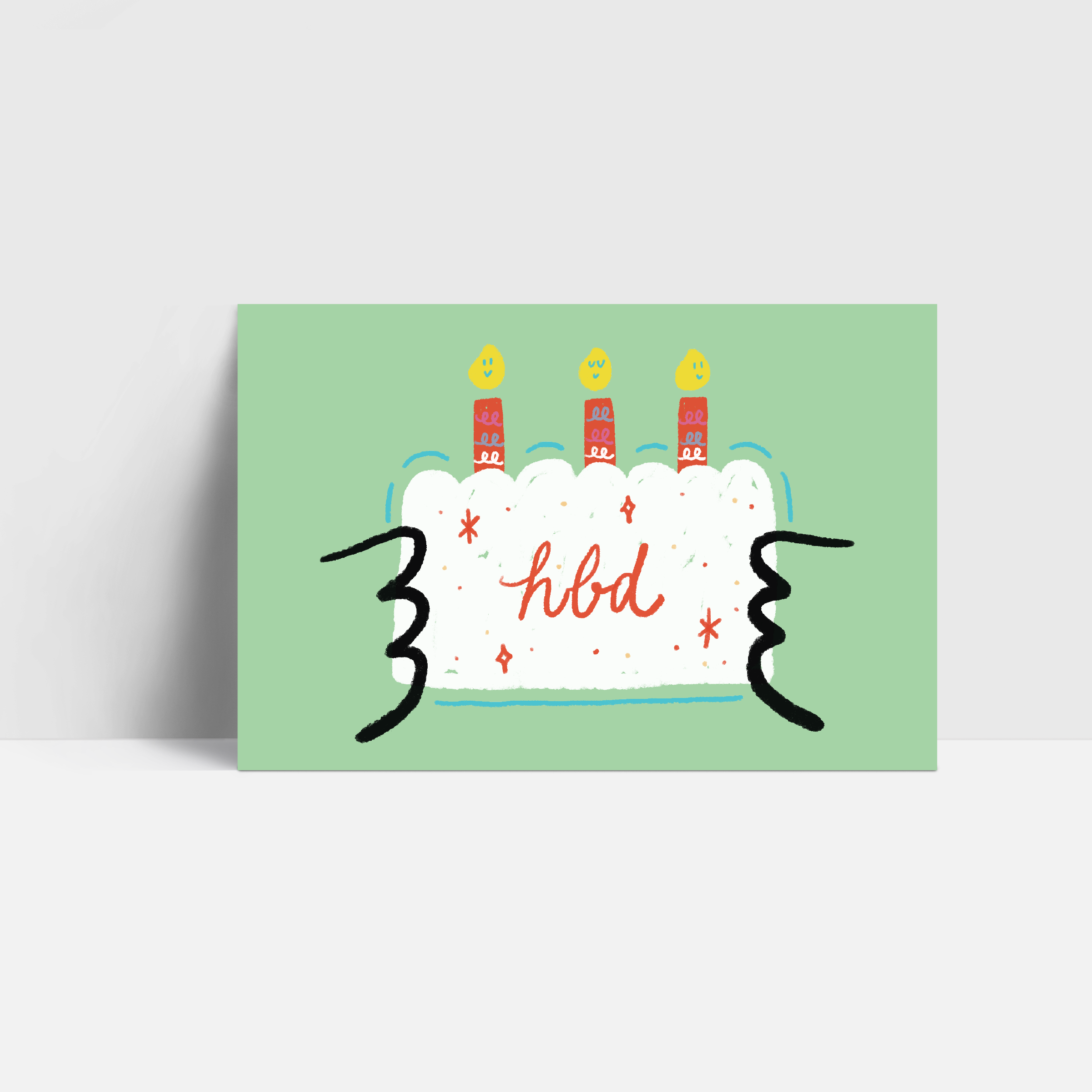 Jurawrsic Birthday Cake Postcard | Cute Dinosaur Illustration with Taiyaki Stamp | Green Birthday Card 4×6in