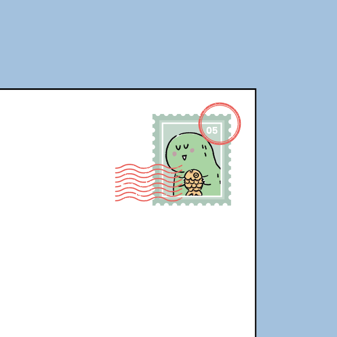 Jurawrsic Birthday Cake Postcard | Cute Dinosaur Illustration with Taiyaki Stamp | Green Birthday Card 4×6in