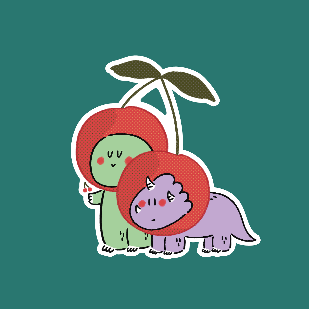 Jurawrsic Cherry Dinosaur Die-Cut Sticker | T-Rex & Triceratops Costume Illustration | Waterproof PVC 6.5×6.9cm