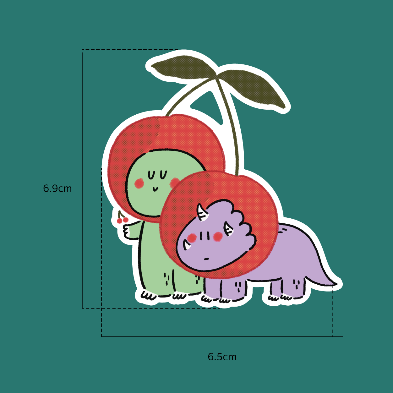 Jurawrsic Cherry Dinosaur Die-Cut Sticker | T-Rex & Triceratops Costume Illustration | Waterproof PVC 6.5×6.9cm