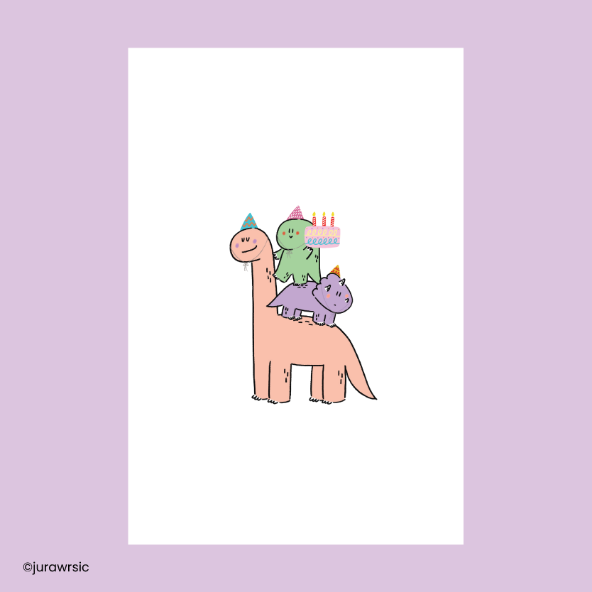 Jurawrsic Happy Dino Trio Birthday Card | Cake Celebration Postcard