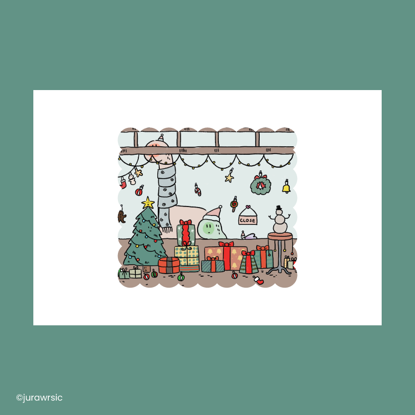 Jurawrsic Winter Dino Trio Postcard | Cozy Christmas Storefront Illustration