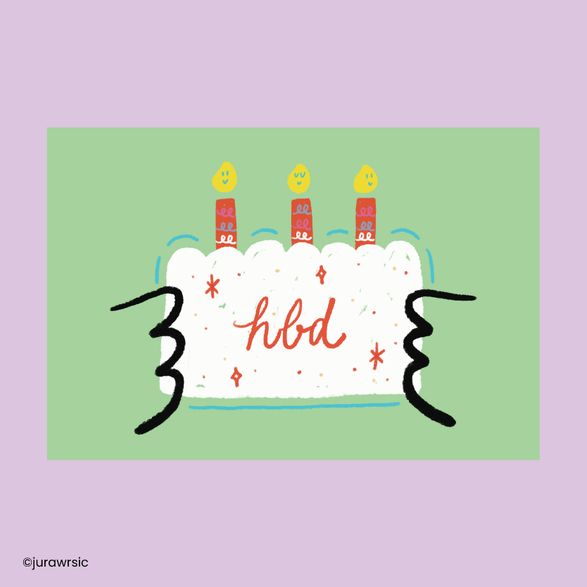 Jurawrsic Birthday Cake Postcard | Cute Dinosaur Illustration with Taiyaki Stamp | Green Birthday Card 4×6in