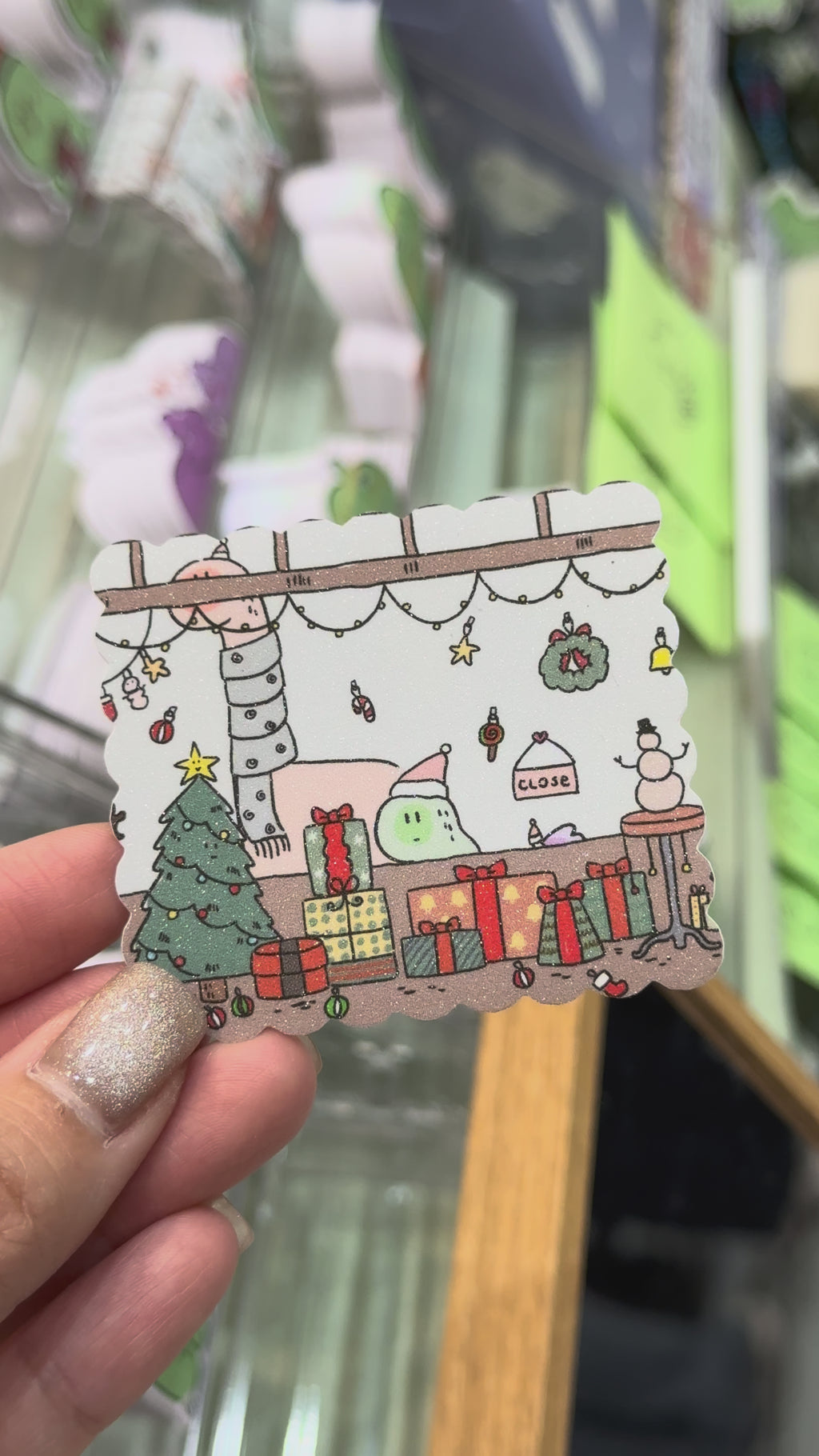 Jurawrsic Christmas Dinosaur PVC Waterproof Glitter Die-Cut Sticker 6.2×5.6 cm | Winter Holiday Gift
