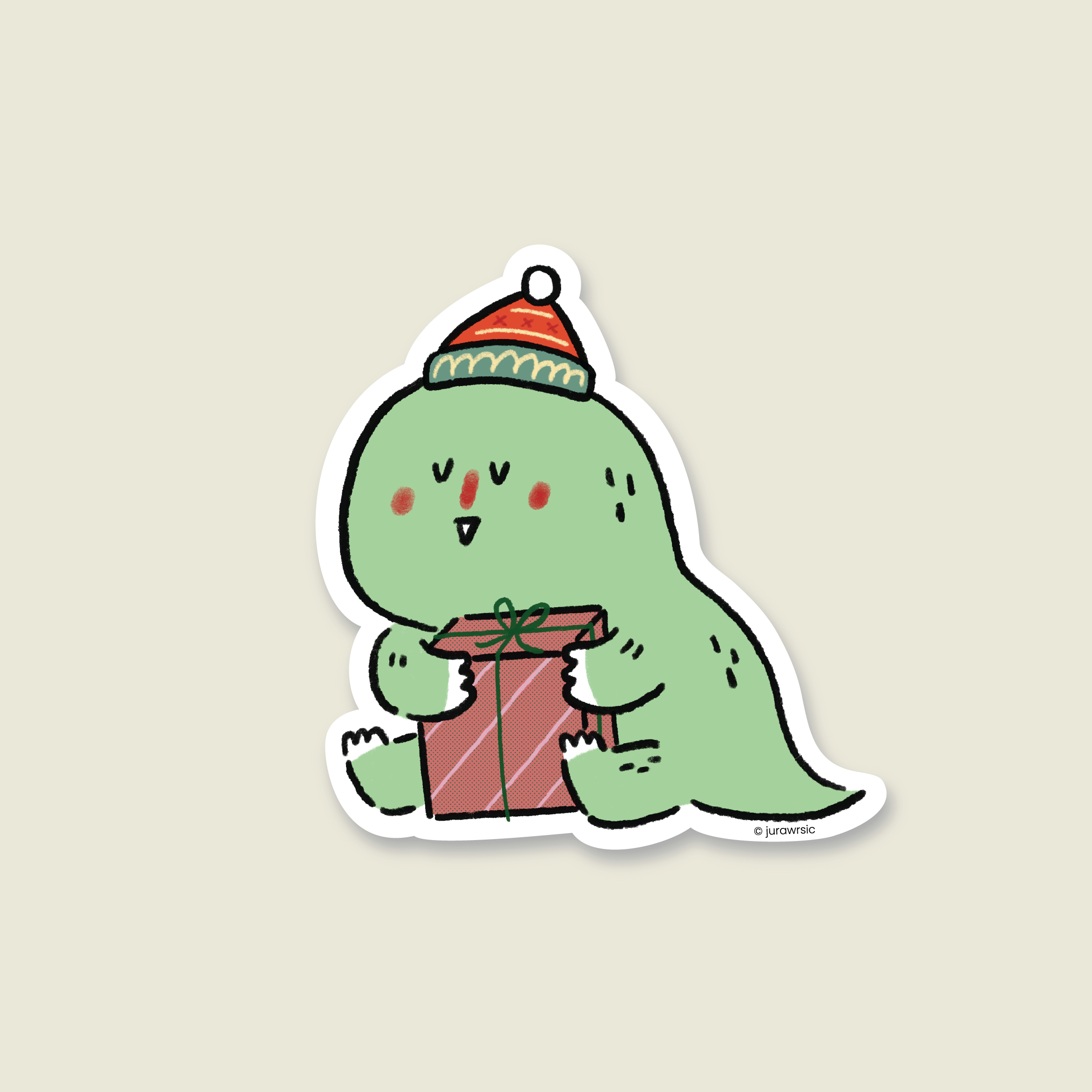 Jurawrsic Christmas Dinosaur Die-Cut Postcard | Merry Christmas Gift Illustration | Holiday Card 11×10cm